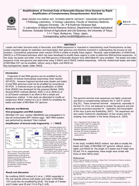 東京大学 THE U NIVERSITY OF T OKYO Udayana University Amplifications of Terminal Ends of Newcastle Disease Virus Genome by Rapid Amplification of Complementary.