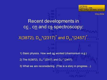 Recent developments in cc, cn and cs spectroscopy: X(3872), D sJ *(2317) + and D s1 *(2457) +. 1) Basic physics. How well qq worked (charmonium e.g.) 2)