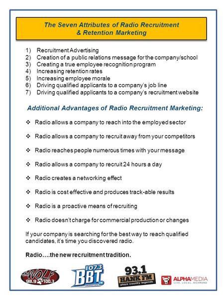 The Seven Attributes of Radio Recruitment & Retention Marketing 1)Recruitment Advertising 2)Creation of a public relations message for the company/school.