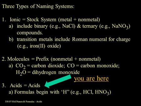 330.07.01d.Names & Formulas - Acids Three Types of Naming Systems: 1.Ionic = Stock System (metal + nonmetal) a)include binary (e.g., NaCl) & ternary (e.g.,