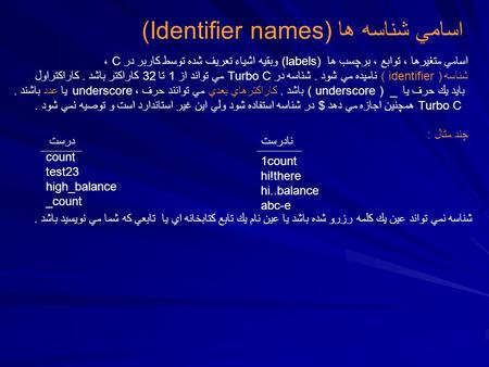 اسامي شناسه ها (Identifier names) اسامي متغيرها ، توابع ، برچسب ها (labels) وبقيه اشياء تعريف شده توسط كاربر در C ، شناسه ( identifier ) ناميده مي شود.