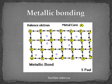 YouTube video 1:21. valence electrons detach from individual atoms since metals contain only 1-3 valence electrons and a low ionization energy bonding.