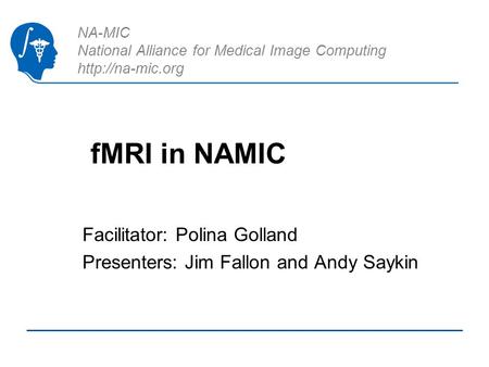 NA-MIC National Alliance for Medical Image Computing  fMRI in NAMIC Facilitator: Polina Golland Presenters: Jim Fallon and Andy Saykin.