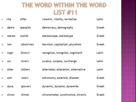  vita (life)vitamin, vitality, revitalizeLatin  demo (people)democracy, demographyGreek  stereo (solid)stereoscope, stereotypeGreek  ism (doctrine)Marxism,