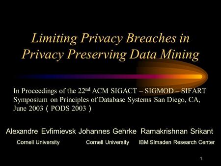 1 Limiting Privacy Breaches in Privacy Preserving Data Mining In Proceedings of the 22 nd ACM SIGACT – SIGMOD – SIFART Symposium on Principles of Database.