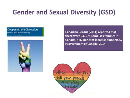 Gender and Sexual Diversity (GSD) Canadian Census (2011) reported that there were 64, 575 same-sex families in Canada, a 42 per cent increase since 2006.