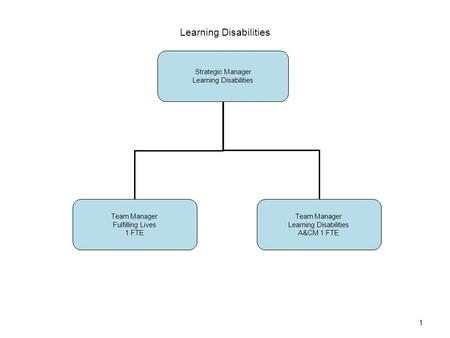 Learning Disabilities 1 Strategic Manager Learning Disabilities Team Manager Fulfilling Lives 1 FTE Team Manager Learning Disabilities A&CM 1 FTE.