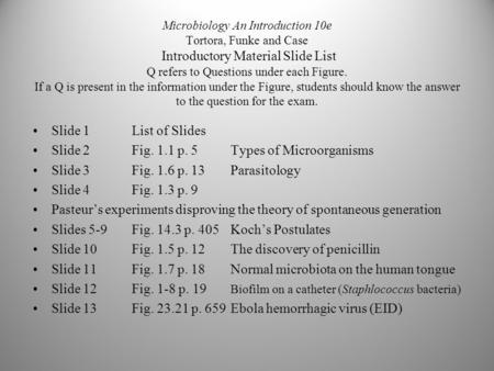 Microbiology An Introduction 10e Tortora, Funke and Case Introductory Material Slide List Q refers to Questions under each Figure. If a Q is present in.