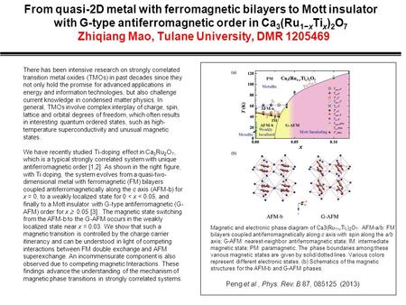 From quasi-2D metal with ferromagnetic bilayers to Mott insulator with G-type antiferromagnetic order in Ca 3 (Ru 1−x Ti x ) 2 O 7 Zhiqiang Mao, Tulane.