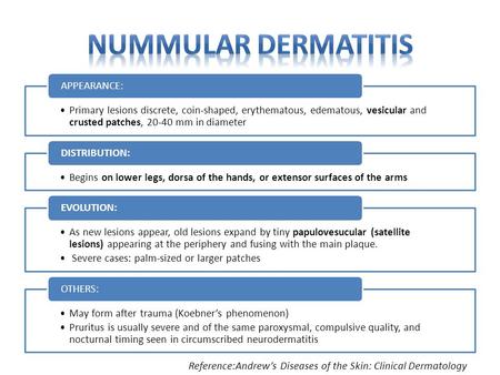 Nummular Dermatitis Primary lesions discrete, coin-shaped, erythematous, edematous, vesicular and crusted patches, 20-40 mm in diameter APPEARANCE: Begins.