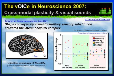 © 2007 Peter B.L. Meijer The vOICe in Neuroscience 2007: Cross-modal plasticity & visual sounds Amedi et al., Nature Neuroscience, June 2007: Shape conveyed.