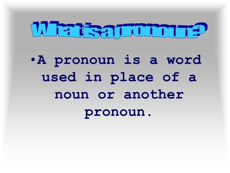 A pronoun is a word used in place of a noun or another pronoun.