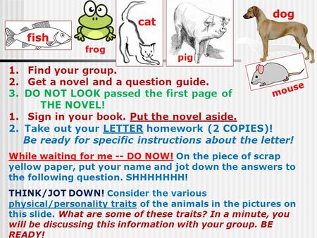 1. Find your group. 2. Get a novel and a question guide. 3.DO NOT LOOK passed the first page of THE NOVEL! 1. Sign in your book. Put the novel aside. 2.Take.