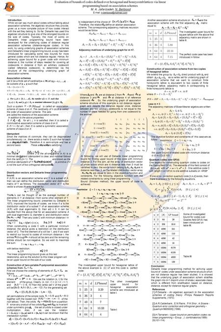 International Iran conference on Quantum Information September 2007, Kish Island Evaluation of bounds of codes defined over hexagonal and honeycomb lattices.