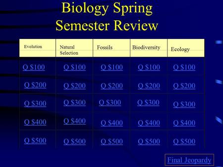 Biology Spring Semester Review Evolution Natural Selection FossilsBiodiversity Ecology Q $100 Q $200 Q $300 Q $400 Q $500 Q $100 Q $200 Q $300 Q $400.