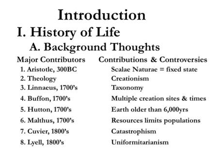 I. History of Life Introduction A. Background Thoughts Major ContributorsContributions & Controversies 1. Aristotle, 300BCScalae Naturae = fixed state.