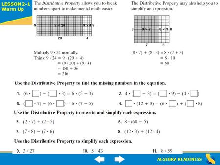 ALGEBRA READINESS LESSON 2-1 Warm Up Lesson 2-1 Warm Up.