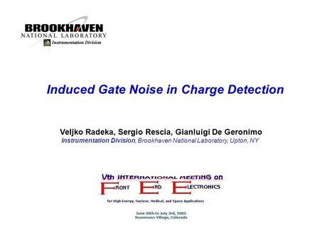 Veljko Radeka, Sergio Rescia, Gianluigi De Geronimo Instrumentation Division, Brookhaven National Laboratory, Upton, NY Induced Gate Noise in Charge Detection.