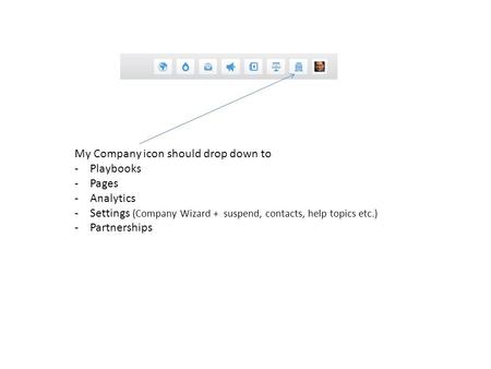 My Company icon should drop down to -Playbooks -Pages -Analytics -Settings (Company Wizard + suspend, contacts, help topics etc.) -Partnerships.