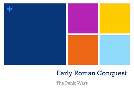 + Early Roman Conquest The Punic Wars. + Periods of Roman History Roman Origins (1000-509 BCE) Earliest settlements on Palatine Hill 753 – Romulus & Remus.