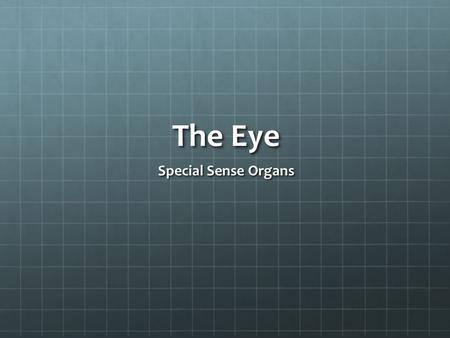 The Eye Special Sense Organs. Three Layers of Tissue 1.the sclera 2.the choroids 3.the retina.