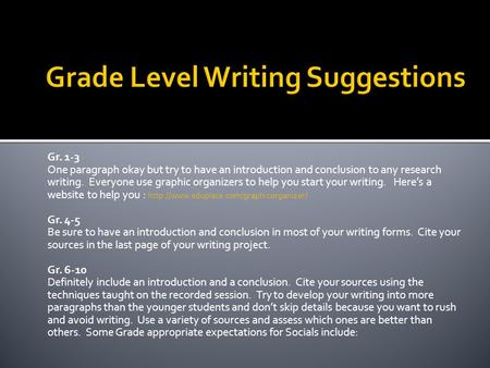 Gr. 1-3 One paragraph okay but try to have an introduction and conclusion to any research writing. Everyone use graphic organizers to help you start your.