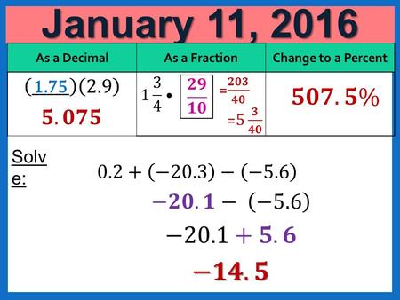 January 11, 2016 As a DecimalAs a FractionChange to a Percent 1.75 Solv e: