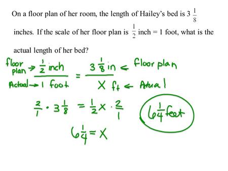 On a floor plan of her room, the length of Hailey’s bed is 3 inches. If the scale of her floor plan is inch = 1 foot, what is the actual length of her.