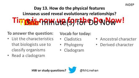 Time is now up for the Do Now! Six minute(s) for Do Now Five Day 13. How do the physical features Linnaeus used reveal evolutionary relationships? HW.