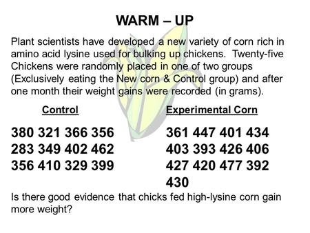 WARM – UP Plant scientists have developed a new variety of corn rich in amino acid lysine used for bulking up chickens. Twenty-five Chickens were randomly.