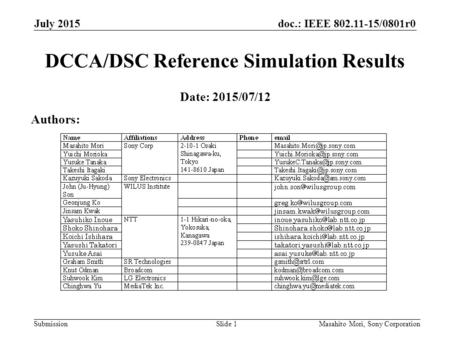 Doc.: IEEE 802.11-15/0801r0 Submission July 2015 Masahito Mori, Sony CorporationSlide 1 DCCA/DSC Reference Simulation Results Date: 2015/07/12 Authors: