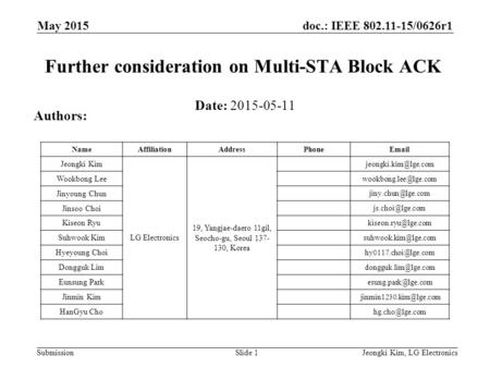 Doc.: IEEE 802.11-15/0626r1 Submission May 2015 Jeongki Kim, LG ElectronicsSlide 1 Further consideration on Multi-STA Block ACK Date: 2015-05-11 Authors: