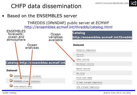 WGSIP meetingBuenos Aires, 29-31 July 2010 INSTITUT CATALÀ DE CIÈNCIES DEL CLIMA ENSEMBLES forecasts: ocean and atmosphere THREDDS (OPeNDAP) public server.