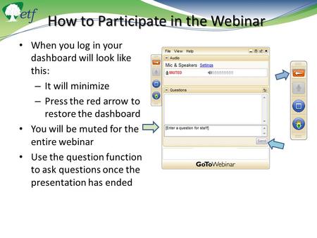 How to Participate in the Webinar When you log in your dashboard will look like this: – It will minimize – Press the red arrow to restore the dashboard.