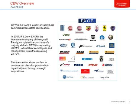 US INVESTMENT OVERVIEW 0 CUSHMAN & WAKEFIELD C&W Overview OWNERSHIP C&W is the world’s largest privately held commercial real estate services firm. In.