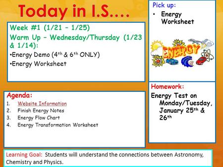 Pick up: Energy Worksheet Agenda: 1.Website InformationWebsite Information 2.Finish Energy Notes 3.Energy Flow Chart 4.Energy Transformation Worksheet.