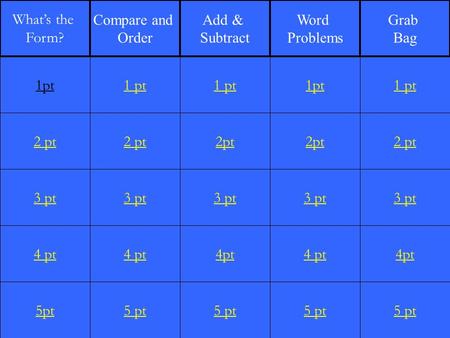 2 pt 3 pt 4 pt 5pt 1 pt 2 pt 3 pt 4 pt 5 pt 1 pt 2pt 3 pt 4pt 5 pt 1pt 2pt 3 pt 4 pt 5 pt 1 pt 2 pt 3 pt 4pt 5 pt 1pt What’s the Form? Compare and Order.