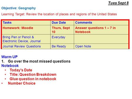 Tues Sept 8 Warm UP 1.Go over the most missed questions Notebook Today’s Date Title: Question Breakdown Glue question in notebook Number Choice Objective: