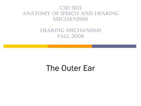 CSD 3103 anatomy of speech and hearing mechanisms Hearing mechanisms Fall 2008 The Outer Ear.