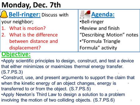 Monday, Dec. 7th 1 Bell-ringer: Discuss with your neighbor; 1.What is motion? 2.What is the difference between distance and displacement? Agenda: Bell-ringer.