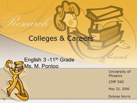 English 3 -11 th Grade Ms. M. Pontoo May 22, 2006 Colleges & Careers University of Phoenix CMP 540 Dolores Norris.