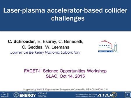 1 1 Office of Science C. Schroeder, E. Esarey, C. Benedetti, C. Geddes, W. Leemans Lawrence Berkeley National Laboratory FACET-II Science Opportunities.