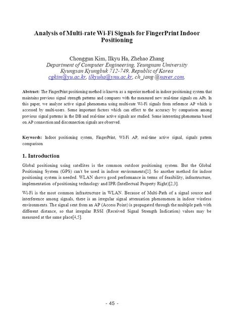 Analysis of Multi-rate Wi-Fi Signals for FingerPrint Indoor Positioning Chonggun Kim, Ilkyu Ha, Zhehao Zhang Department of Computer Engineering, Yeungnam.