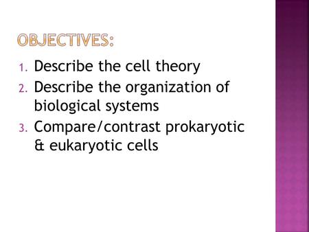 1. Describe the cell theory 2. Describe the organization of biological systems 3. Compare/contrast prokaryotic & eukaryotic cells.