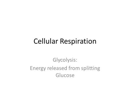 Cellular Respiration Glycolysis: Energy released from splitting Glucose.