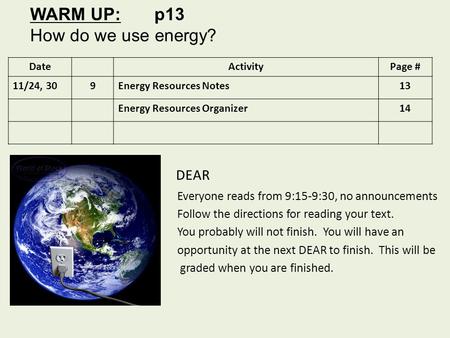 WARM UP: p13 How do we use energy? DateActivityPage # 11/24, 309Energy Resources Notes13 Energy Resources Organizer14 DEAR Everyone reads from 9:15-9:30,