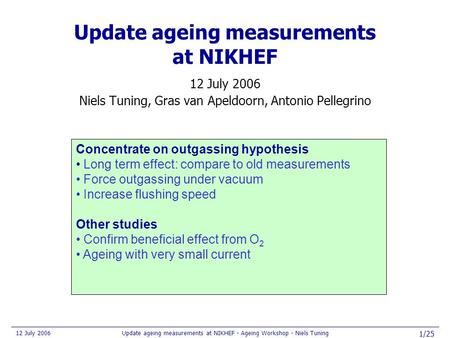 12 July 2006Update ageing measurements at NIKHEF - Ageing Workshop - Niels Tuning 1/25 Update ageing measurements at NIKHEF 12 July 2006 Niels Tuning,