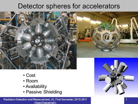 1 Cost Room Availability Passive Shielding Detector spheres for accelerators Radiation Detection and Measurement, JU, First Semester, 2010-2011 (Saed Dababneh).