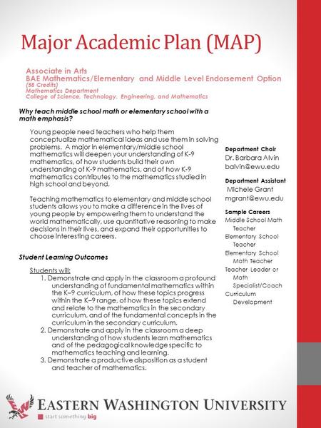 Major Academic Plan (MAP) Why teach middle school math or elementary school with a math emphasis? Young people need teachers who help them conceptualize.