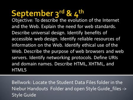 Objective: To describe the evolution of the Internet and the Web. Explain the need for web standards. Describe universal design. Identify benefits of accessible.